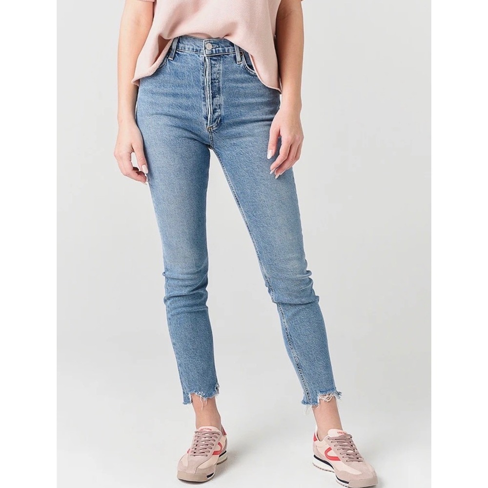 Agolde Nico Hi Rise Slim Fit Jeans Light Wash Distressed Raw Hem 27 Minimalist